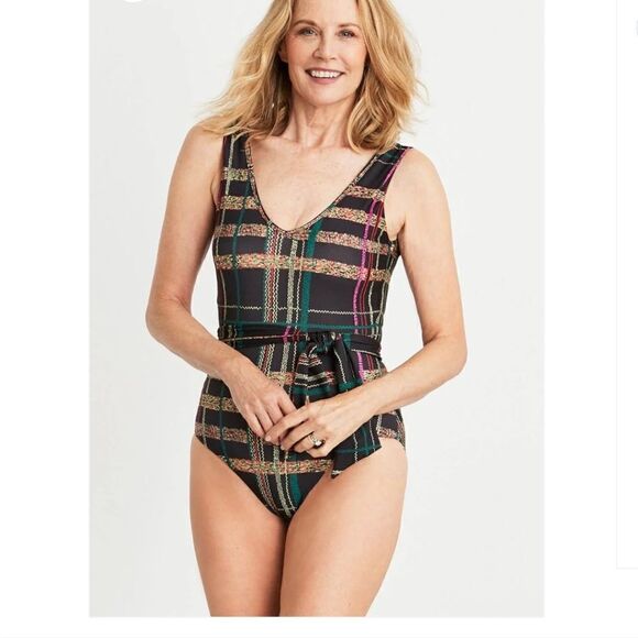 Hermoza Halle One Piece Plaid Swimsuit Women's size 10 black modest - Picture 1 of 10